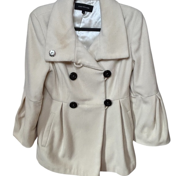 🛍️ 2/$25 Jones New York Wool Cashmere Pea Coat Cream w/ Bell Sleeves Sz 10 - Picture 2 of 13